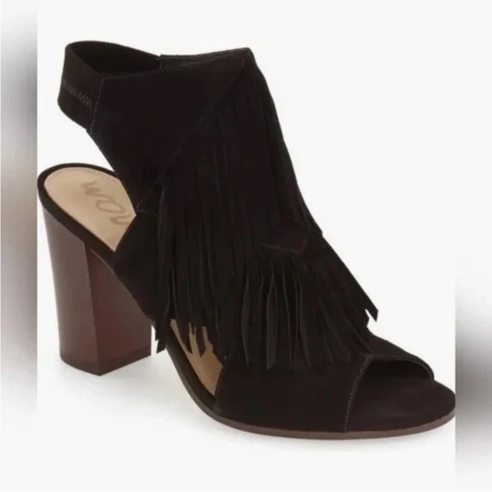 SAM EDELMAN Elaine Black Suede Fringe Bootie Heeled Sandal 9.5 EUC